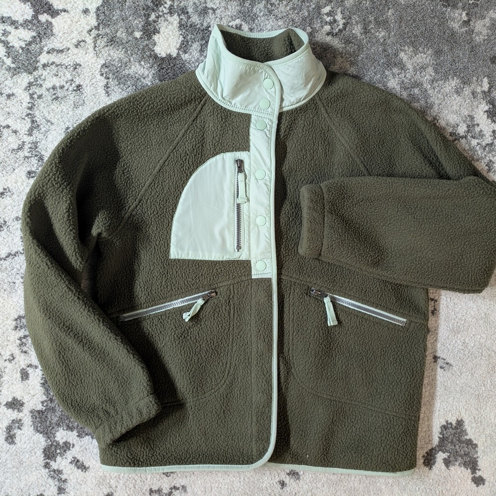 Te Verde Sherpa Teddy‎ Jacket Womens Green Olive Coat Pockets Faux Fur Small